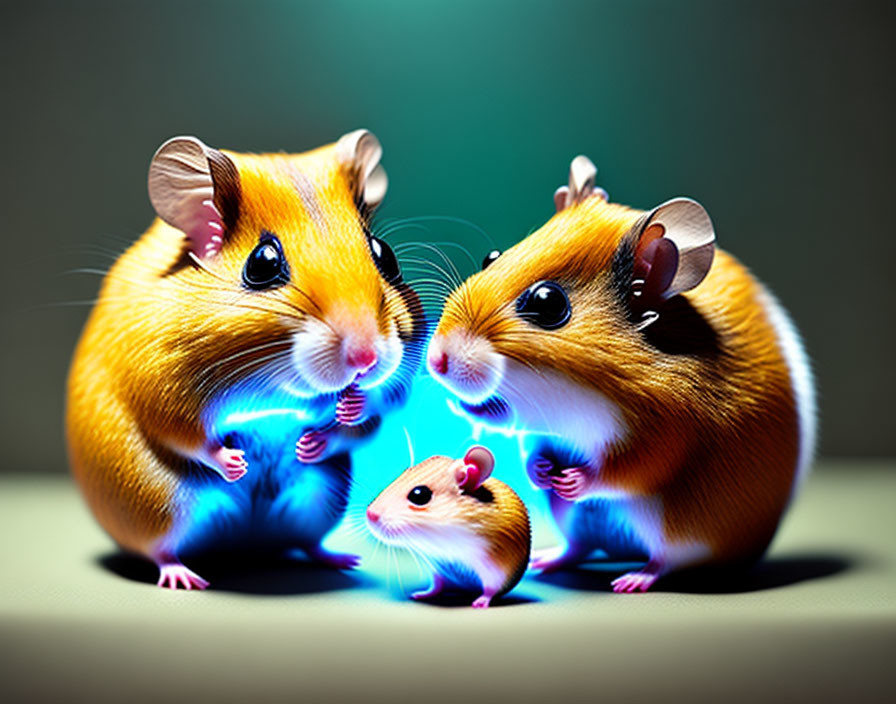 Three hamsters under soft blue light.