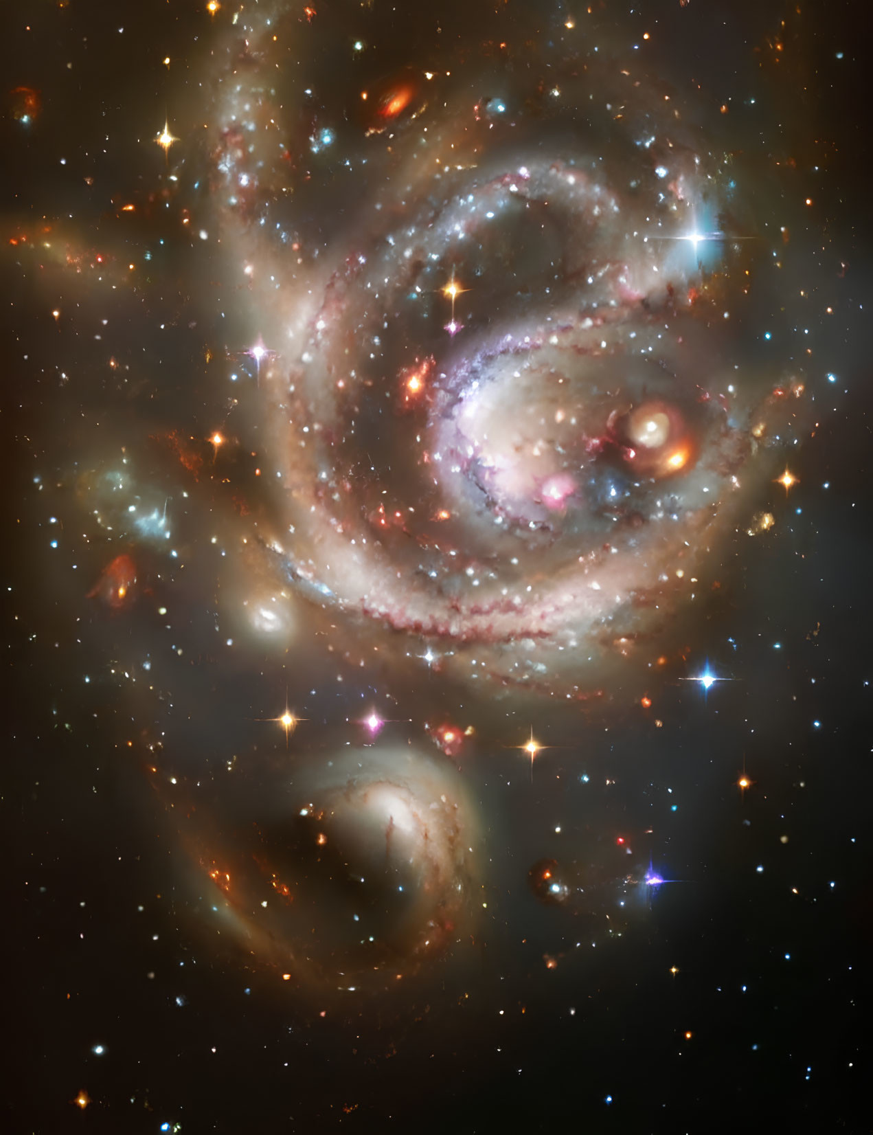 Spiraling galaxy surrounded by stars and smaller galaxies