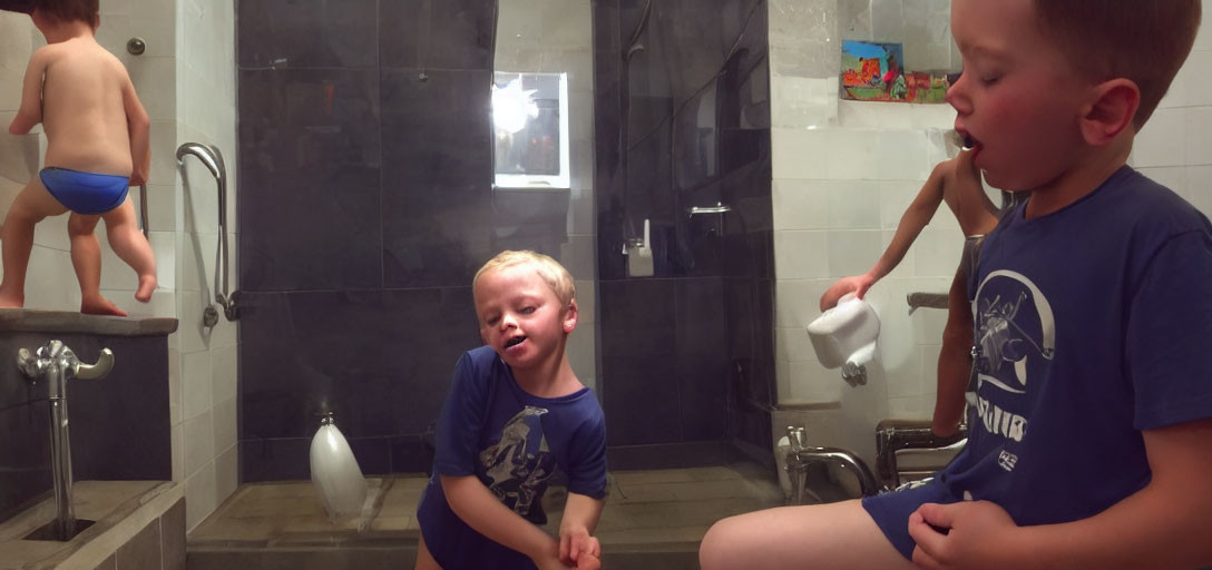 Two boys in bathroom, one on toilet, other on bench with toothbrush, looking off-screen