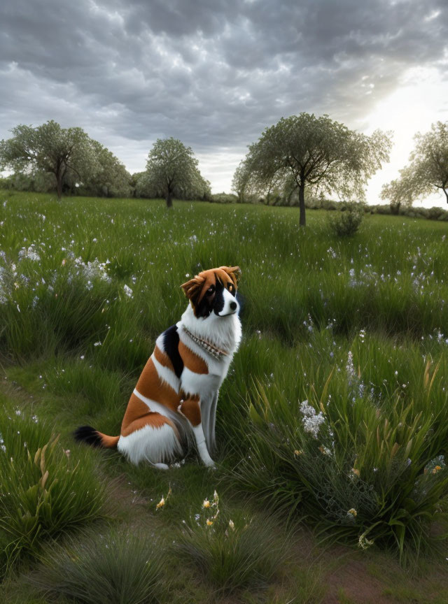 Brown and White Dog in Lush Meadow with Blooming Flowers and Trees