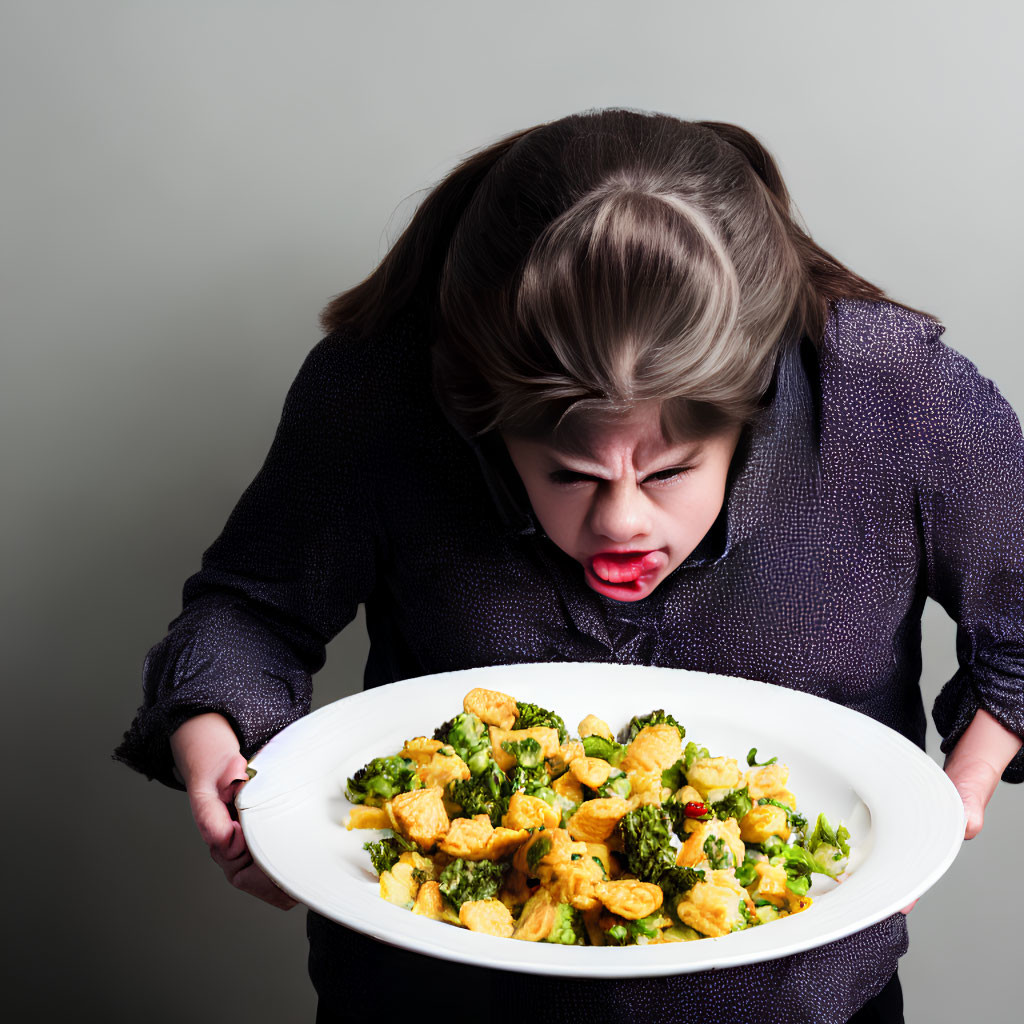 Person with disgusted face holding plate of food