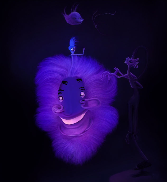 Colorful illustration of fluffy purple creature in mystical setting