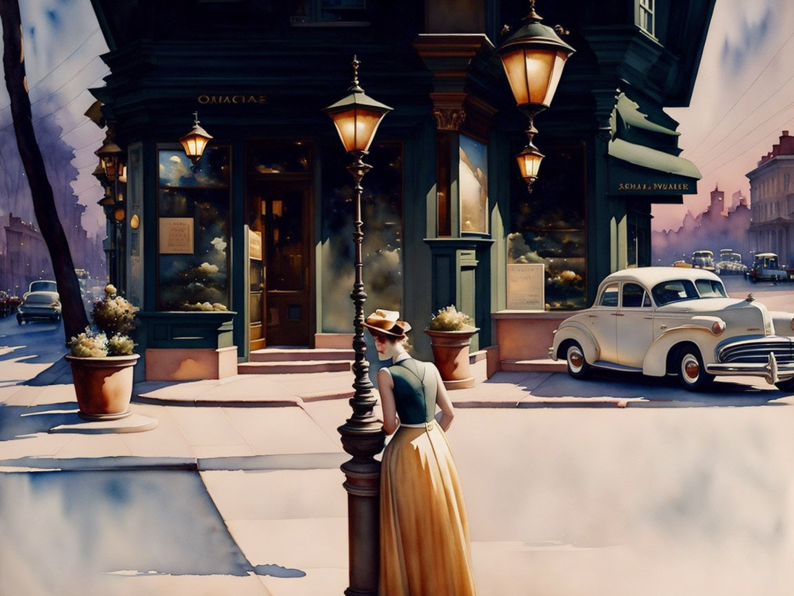 Vintage Clothing Woman Walking by Classic Car in Urban Sunset Scene