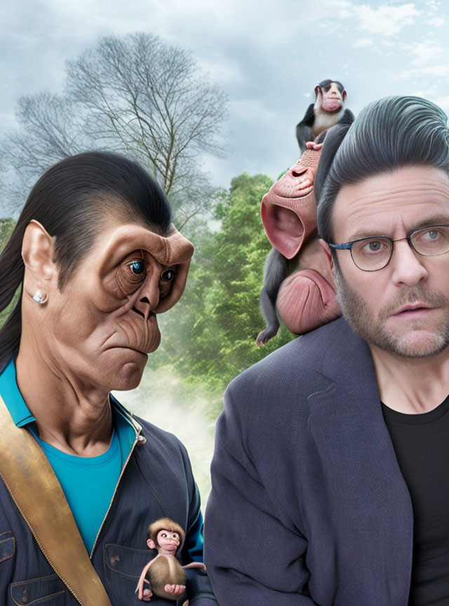 Photorealistic ape and man in blazer with whimsical monkey background