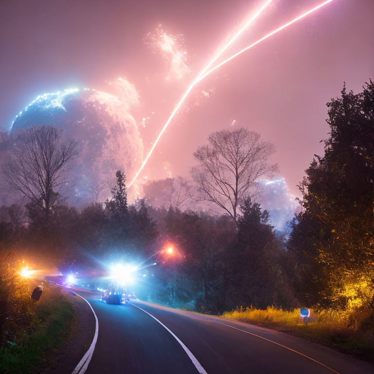 Surreal night road scene with glowing celestial body and mysterious lights