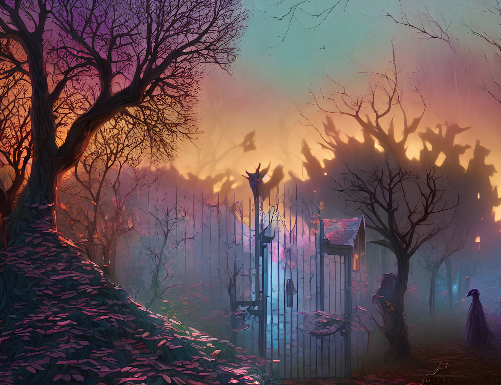 Twilight scene with flying birds, rustic gate, leaf-strewn trees, and peacock