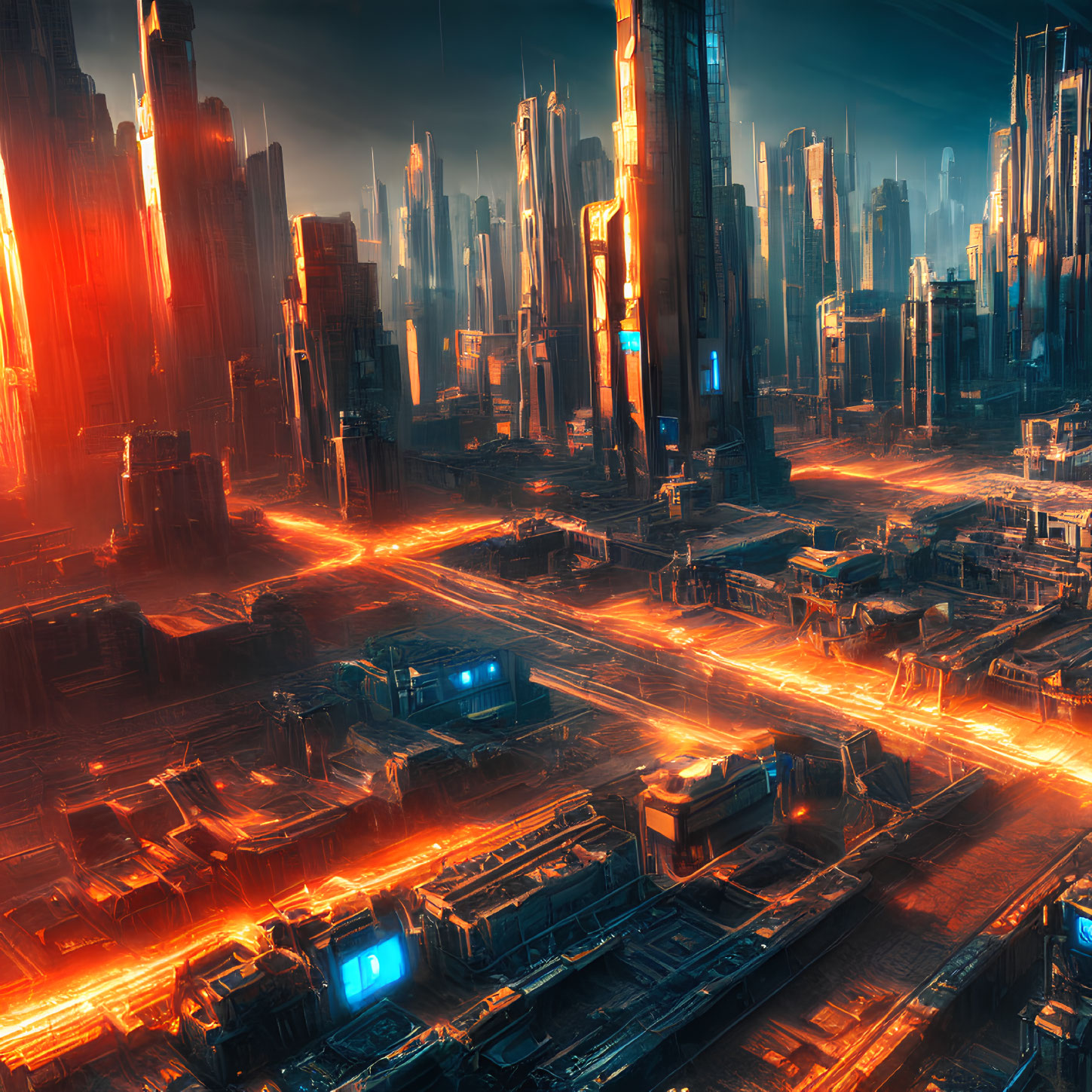 Futuristic cityscape with towering skyscrapers and neon lights