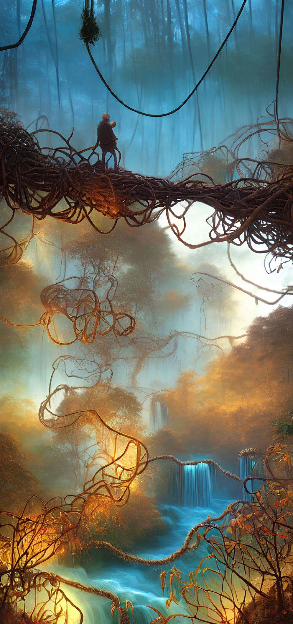 Person sitting on vine-covered bridge over mystical forest with waterfalls and river in golden mist.