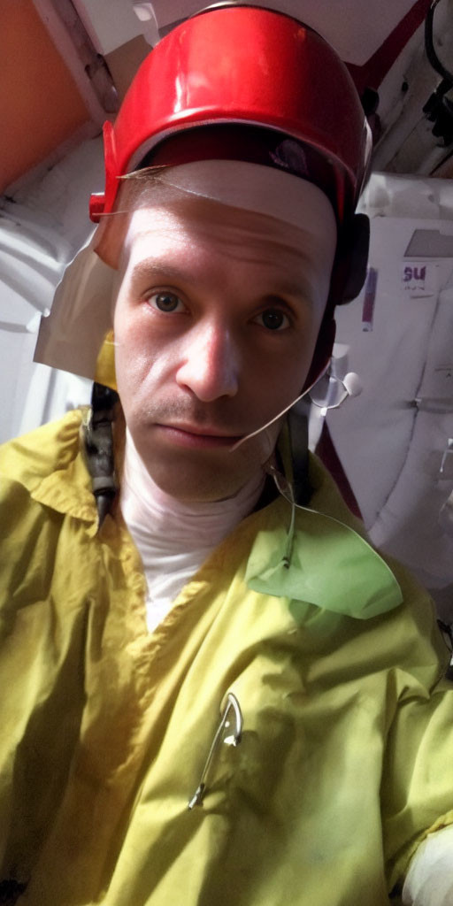 Yellow protective suit and red helmet with communication earpiece indoors.