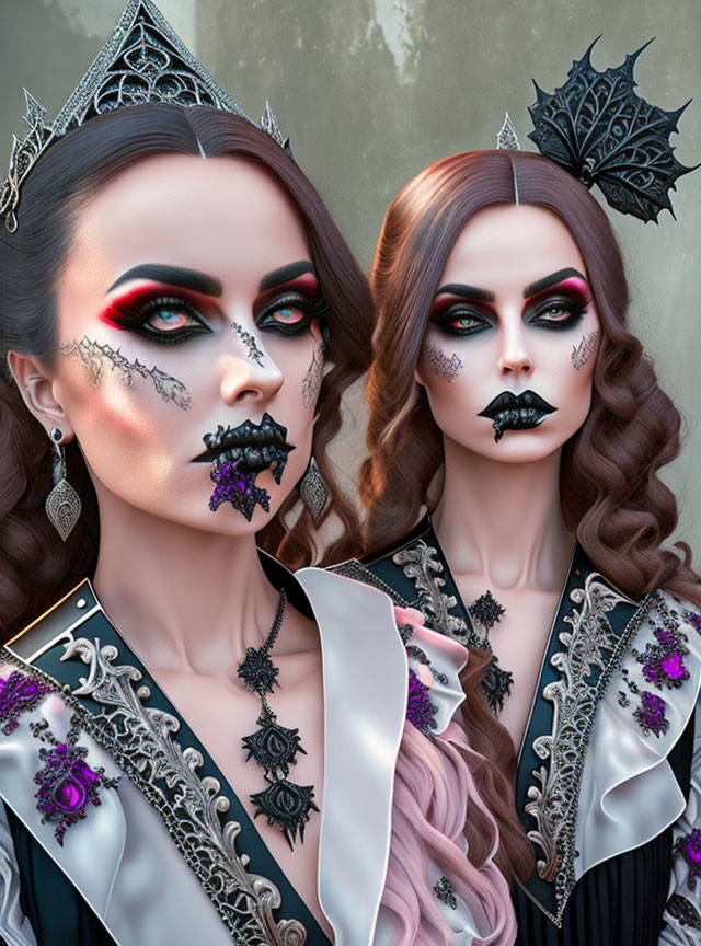 Two women with gothic makeup, black crowns, and ornate attire.