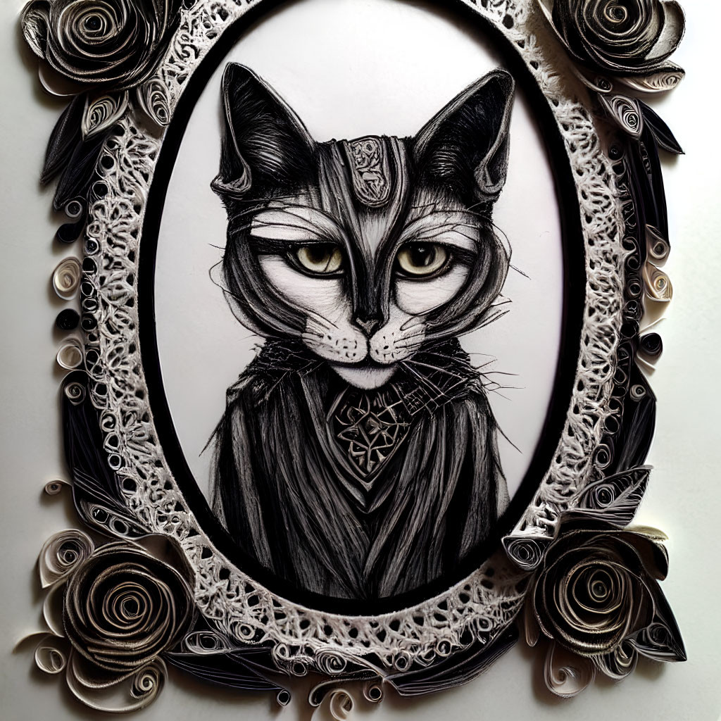 Detailed Anthropomorphic Black Cat Portrait with Ornamental Headpiece and Quilled Paper Frame