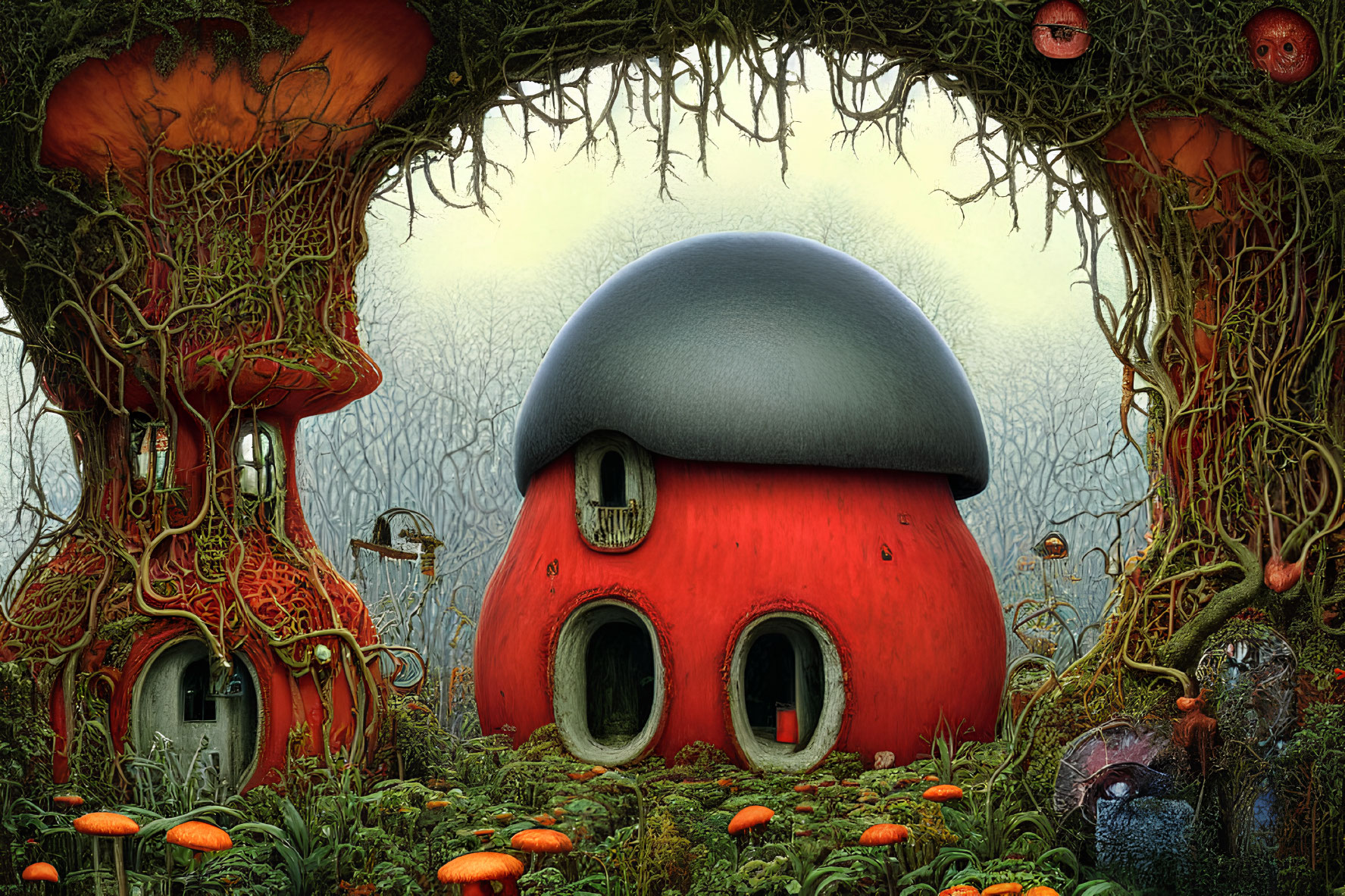 Enchanting forest scene with mushroom house, giant toadstools, intricate trees, and fantast