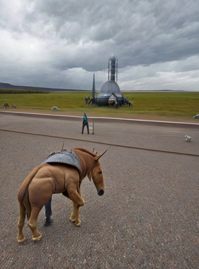 Surreal image of horse body with unicorn horn, tiny elephant, person, futuristic structure, cloudy