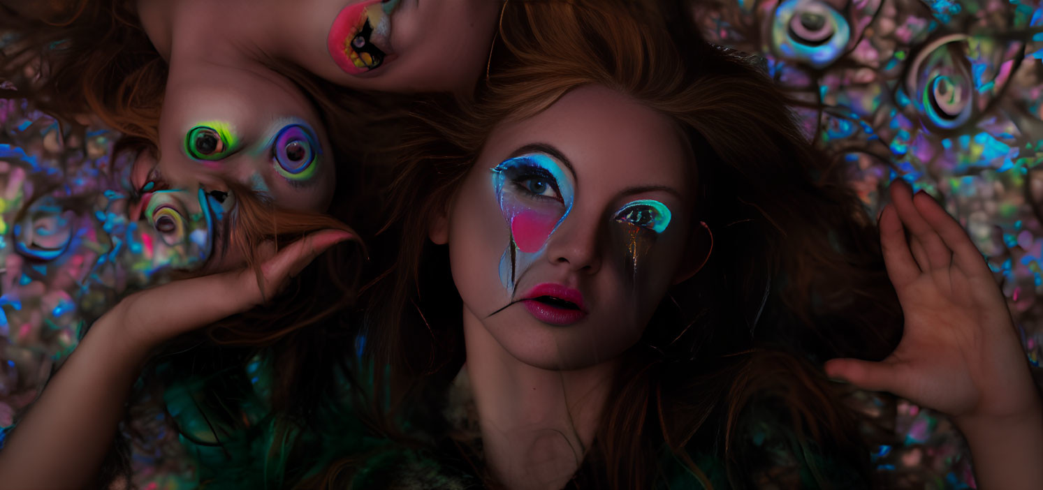 Woman with Dramatic Makeup on Colorful Peacock Feather Background