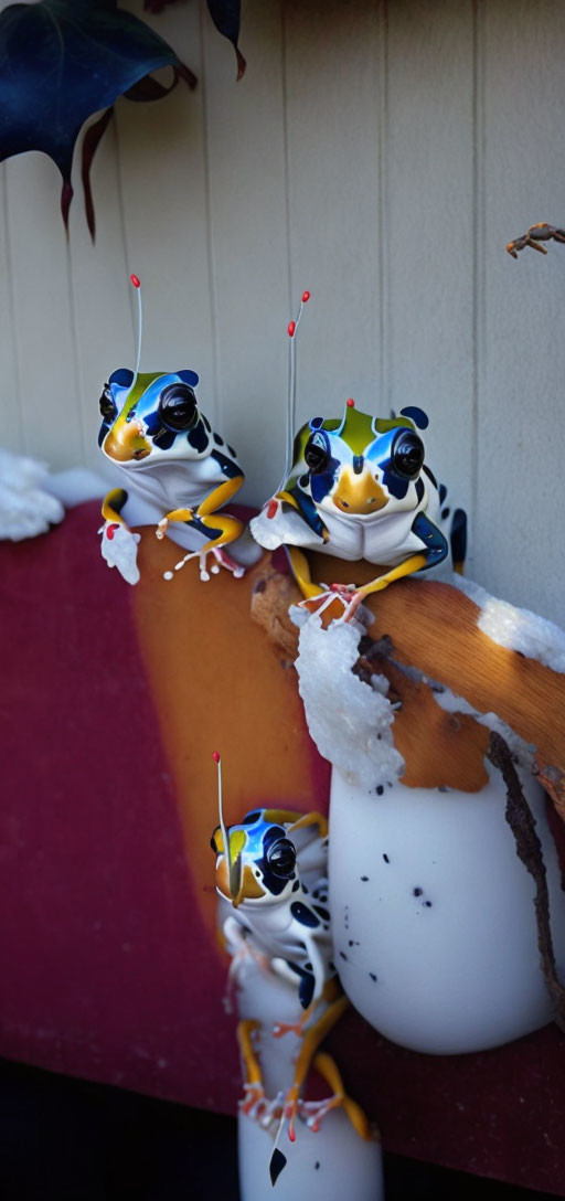Colorful Decorative Frog Figurines with Painterly Details Spilling Paint