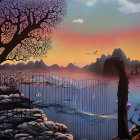 Twilight scene with flying birds, rustic gate, leaf-strewn trees, and peacock