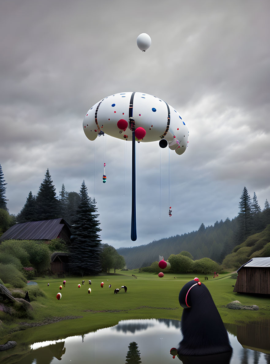 Parachute-like structure over pastoral landscape with red spheres and descending figures.