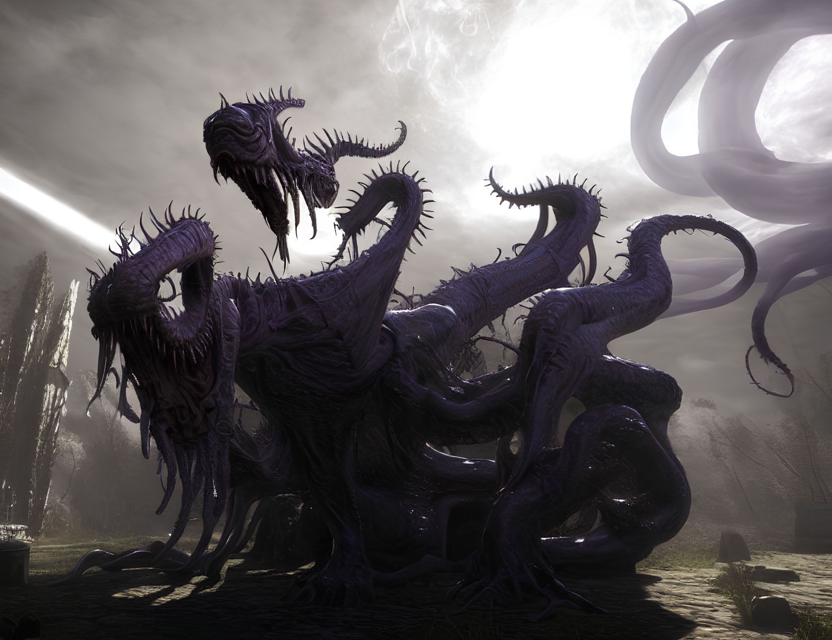 Sinister creature with tentacles and fangs under eerie sky with planetary rings