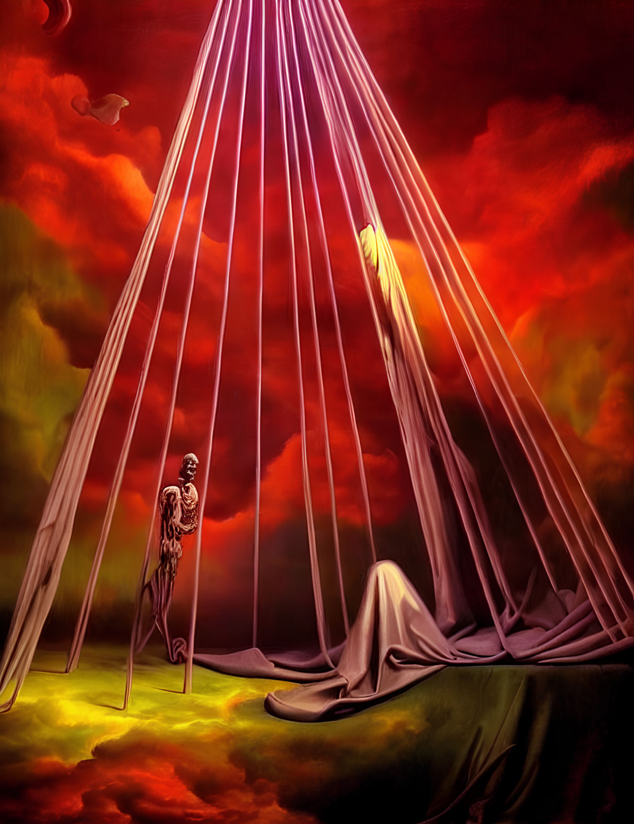 Surreal painting: figure with skeletal wings and shrouded entity under light beams in fiery sky