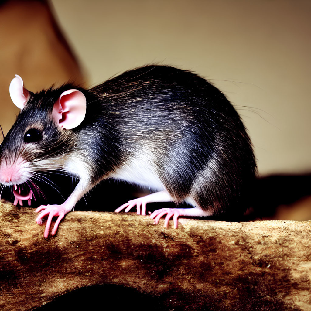 Black and white rat with prominent ears and whiskers on wooden surface