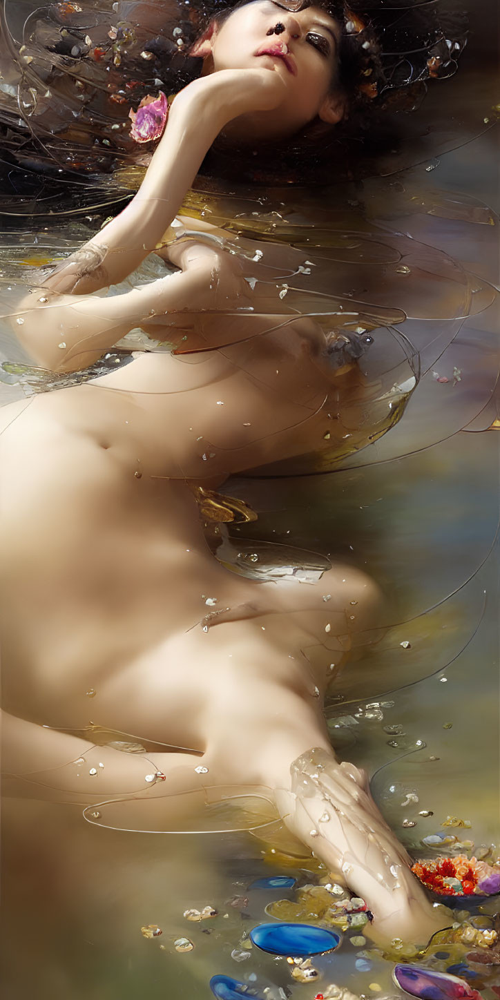 Woman in water with floating petals and leaves, serene expression