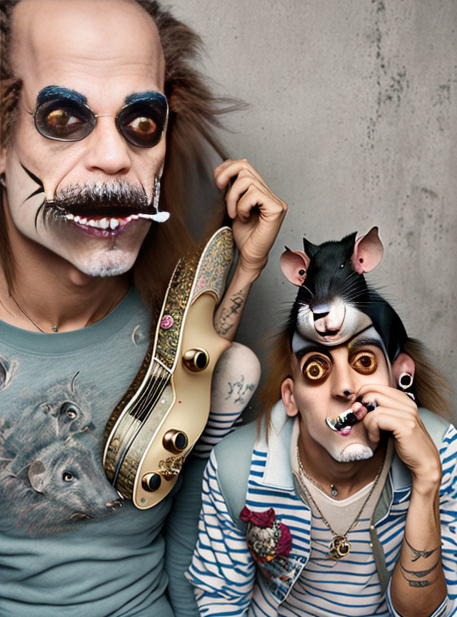 Surreal photo: Two people painted as rat and mouse with guitar