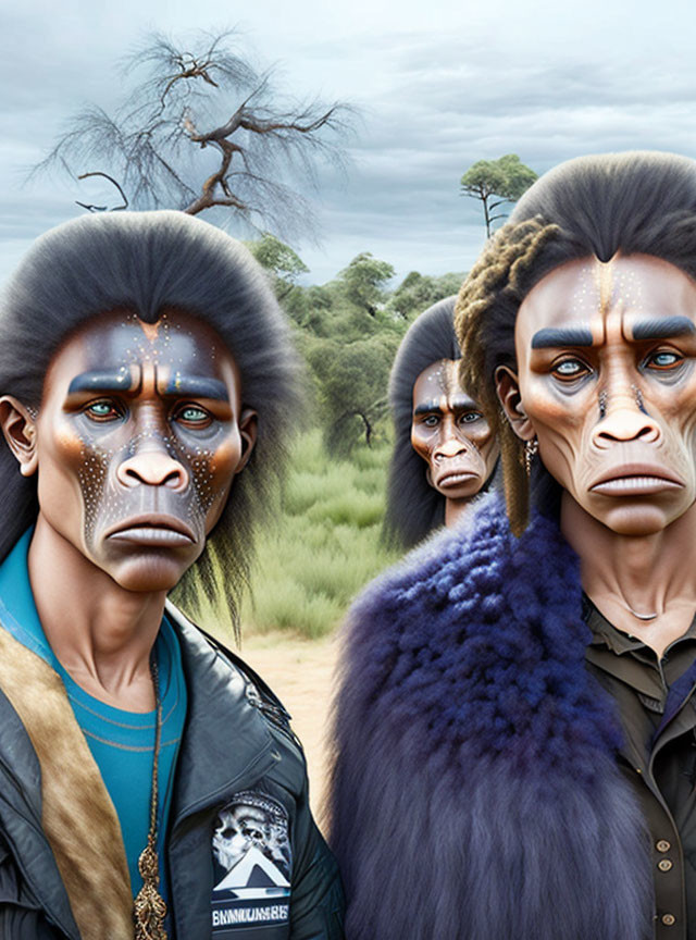 Illustration of four human-like primates in modern clothing on savanna.