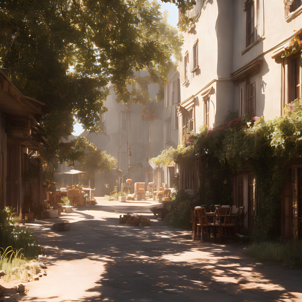 Sunlit street with foliage-covered buildings and outdoor seating under tree canopy