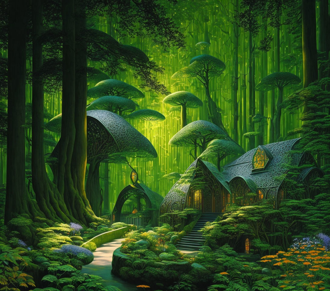 Fantasy forest with mushroom houses, greenery, stream, and bamboo light.