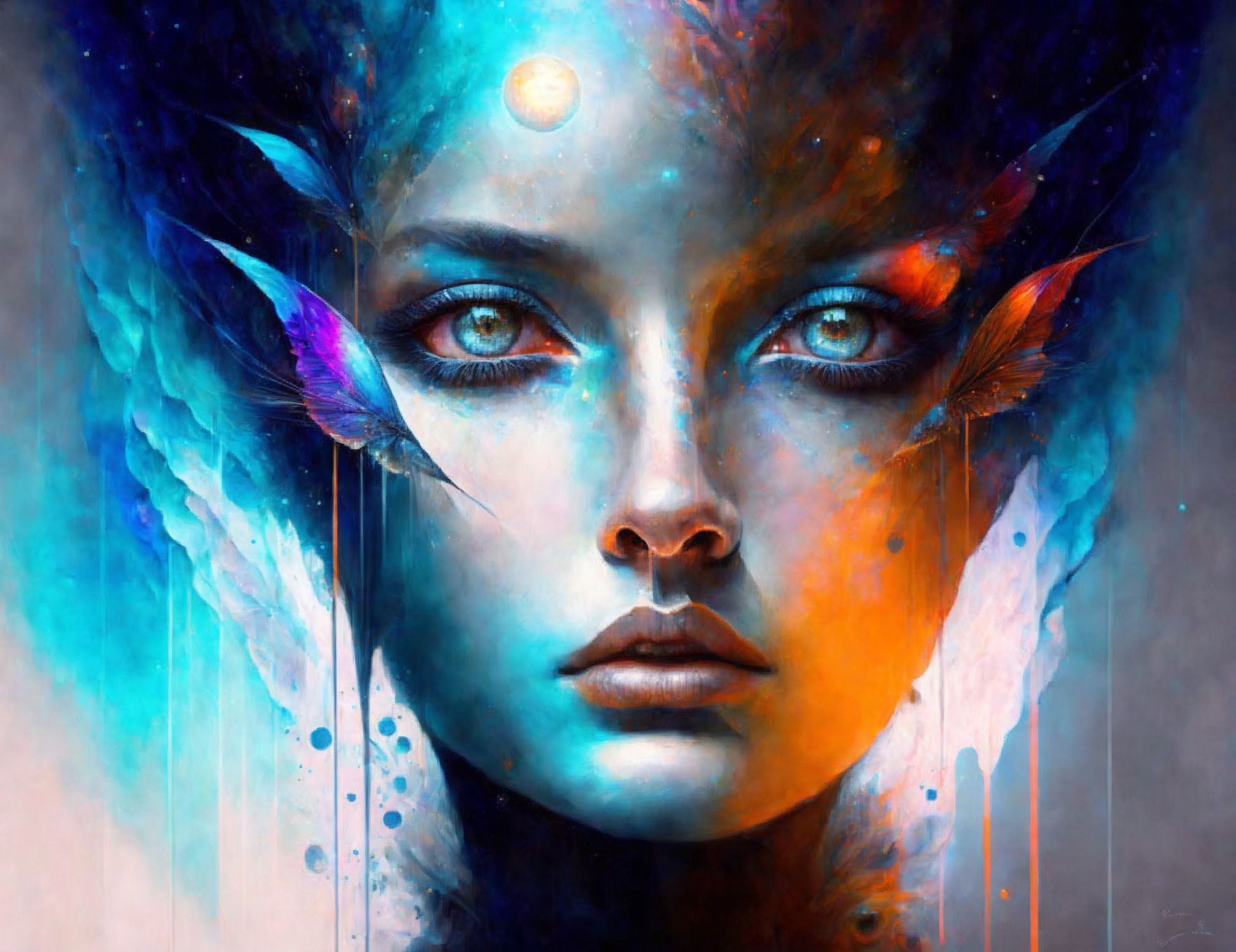 Digital painting of a woman with cosmic features and blue skin.