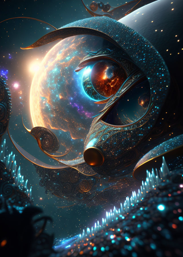 Surreal digital artwork of eye-shaped structure with cosmic background