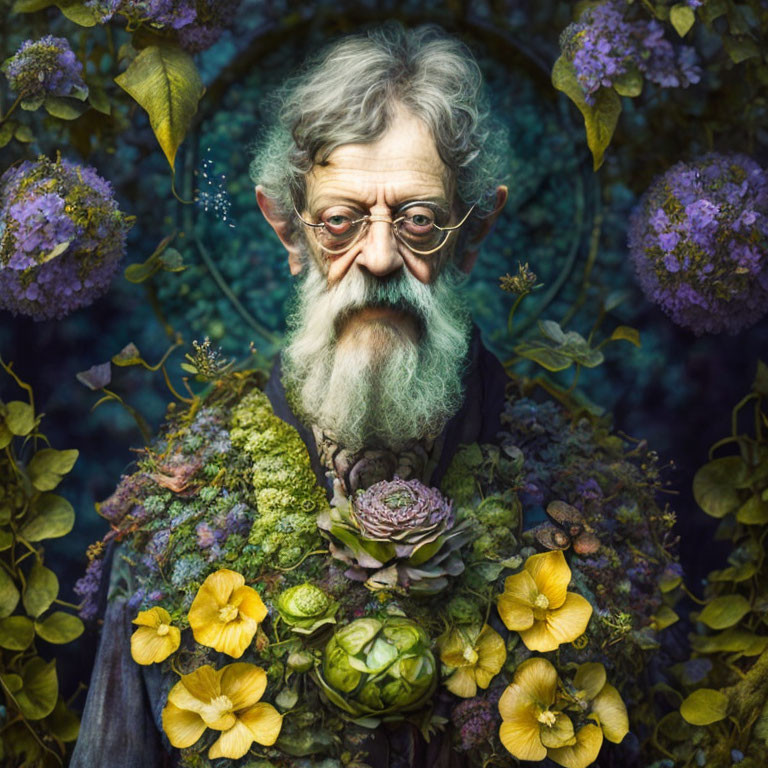 Elder man with beard and glasses in lush greenery and flowers