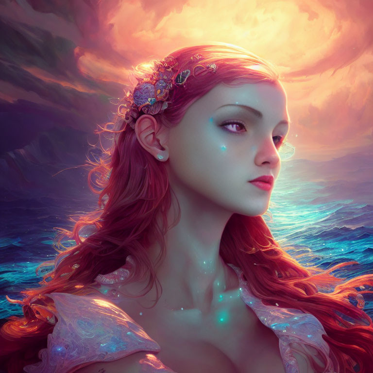 Red-haired woman with floral headpiece in fantasy portrait against ocean and dramatic clouds