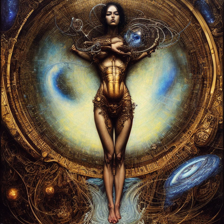 Surreal artwork of woman with cosmic and mechanical elements