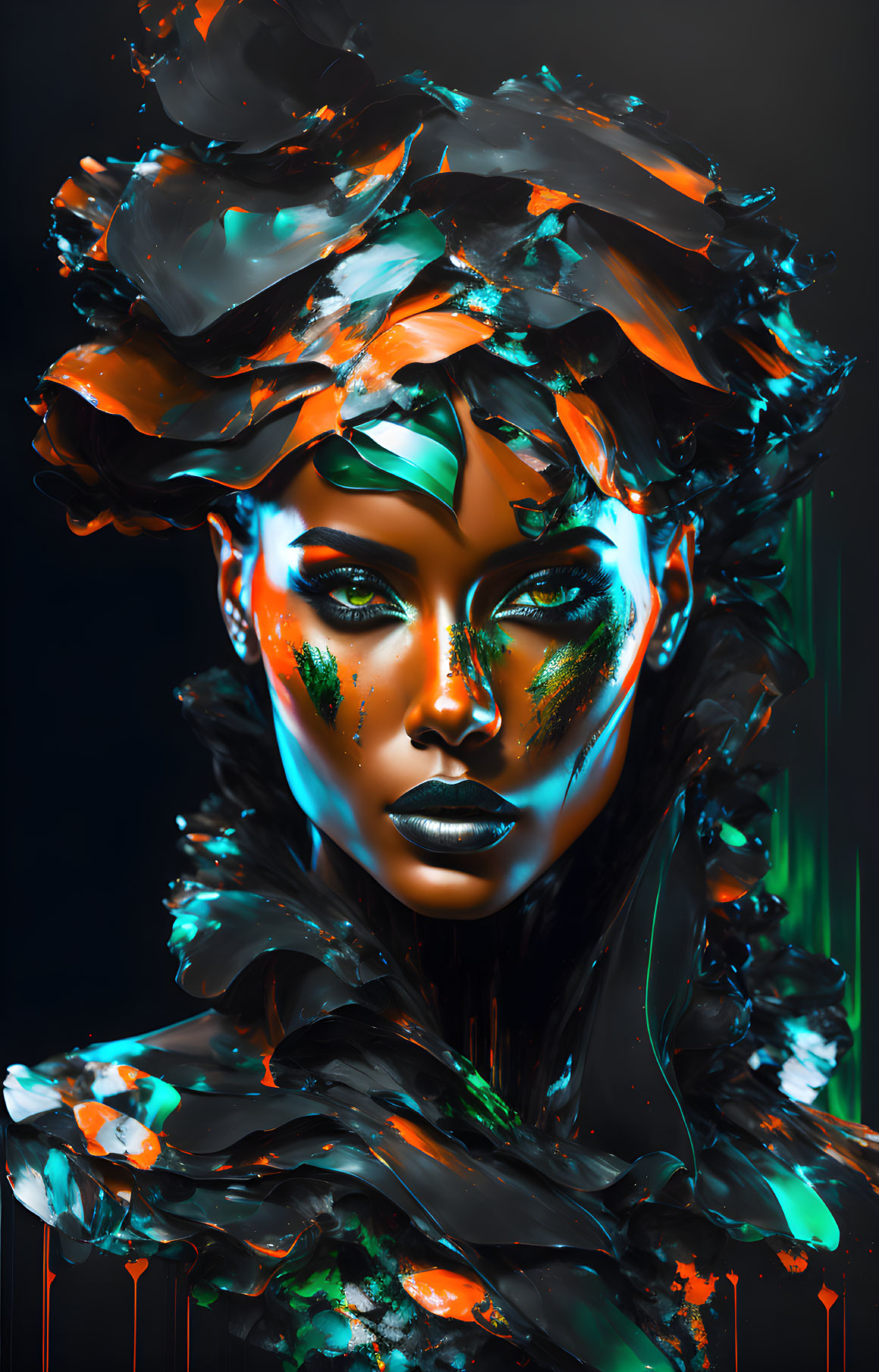 Vivid digital artwork: Woman with orange and teal makeup, dynamic hair effect