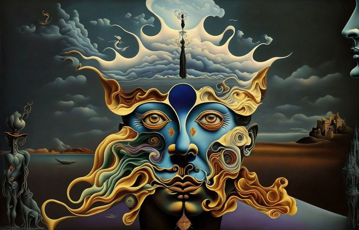 Surreal painting: swirling face, floating island, dreamlike figures