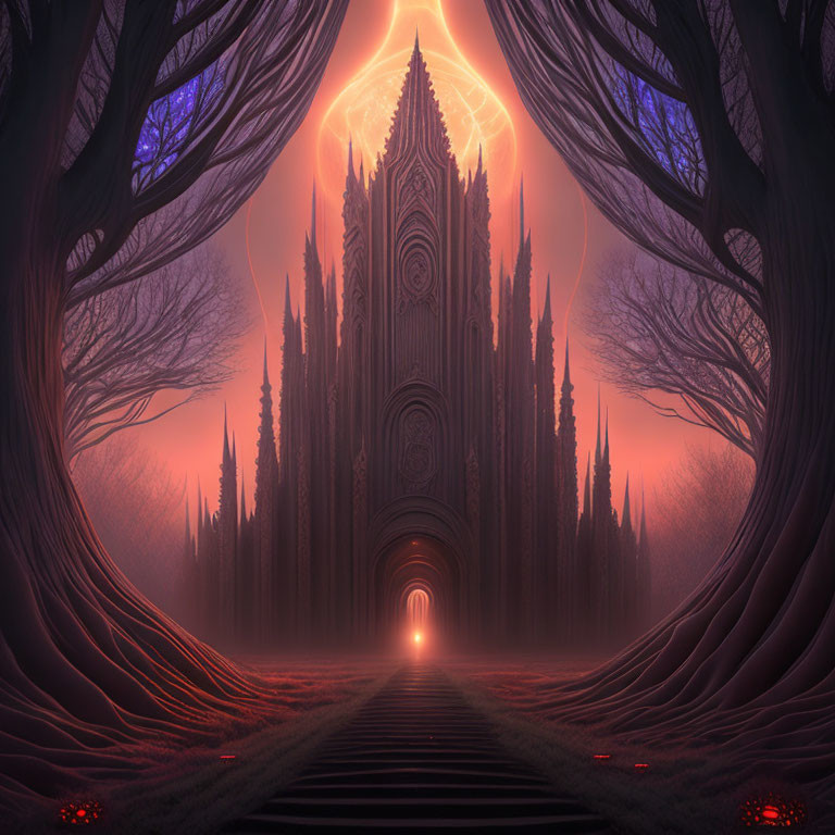 Gothic cathedral with towering spires and mystical orange sky