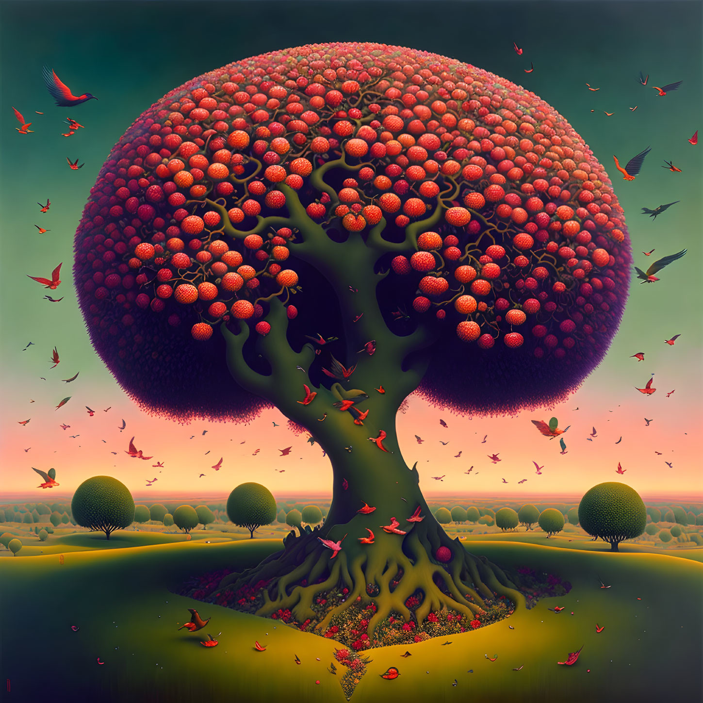 Vibrant surreal painting: Large tree with red fruits, smaller spherical trees, birds in gradient sky