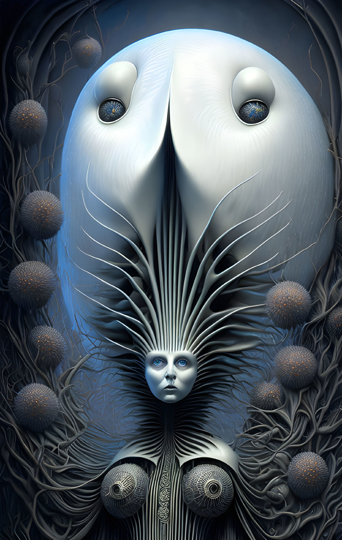 Surreal Digital Artwork: Pale mystical being with large eyes and peacock-like headdress.