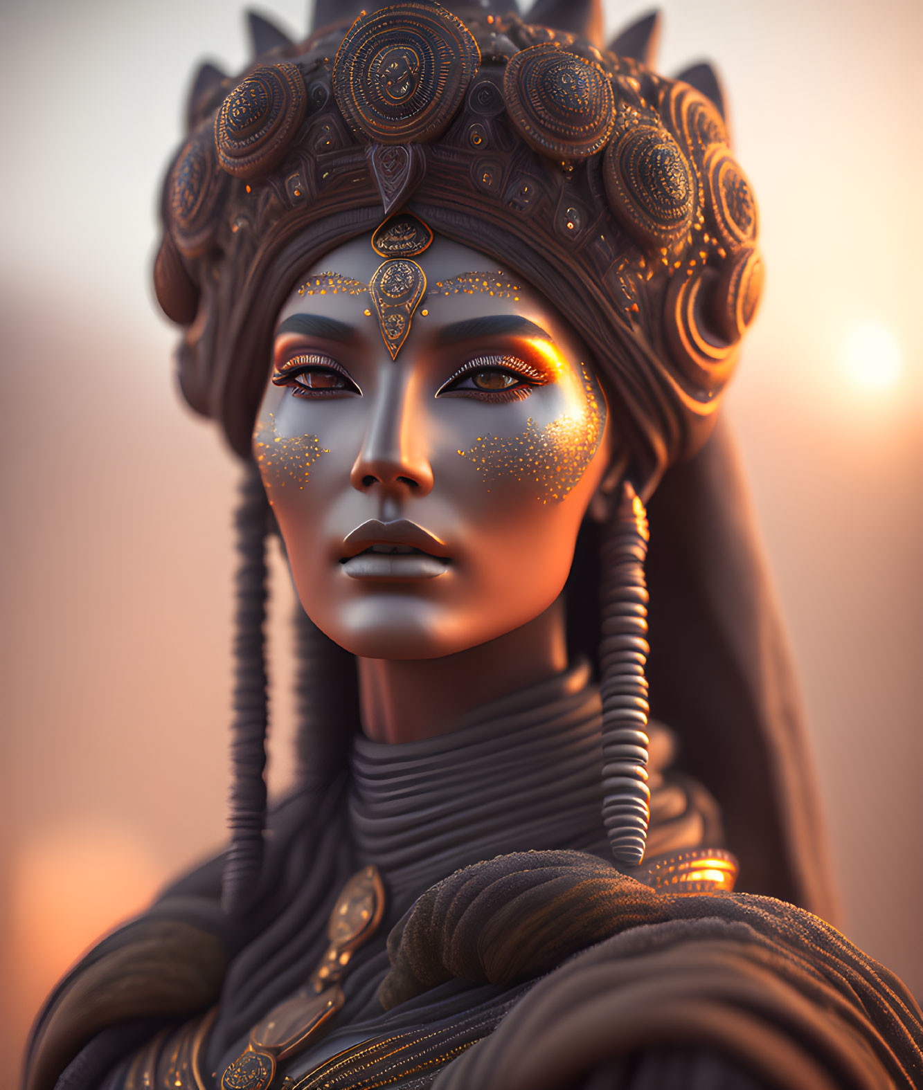 3D-rendered woman with ornate headgear and glowing skin against warm background