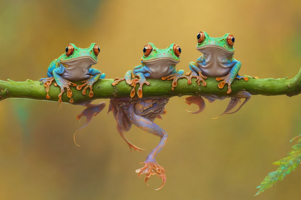 Colorful Tree Frogs on Green Branch in Autumn Setting