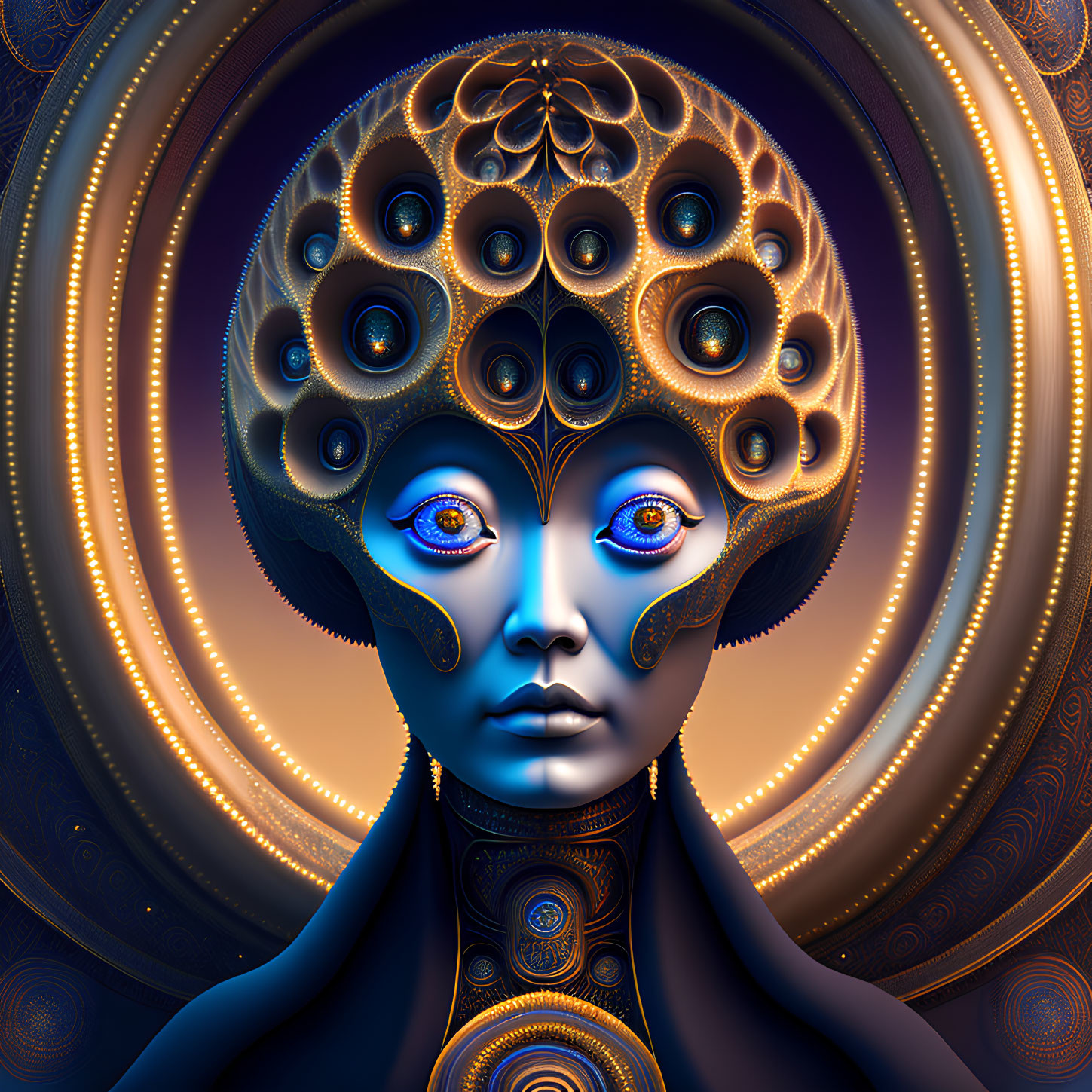 Colorful digital artwork of humanoid face with peacock feathers, golden patterns, blue eyes, cosmic backdrop