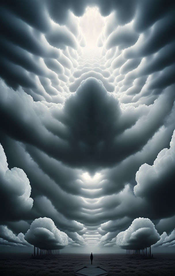 Person standing under dramatic sky with symmetrical cloud patterns.