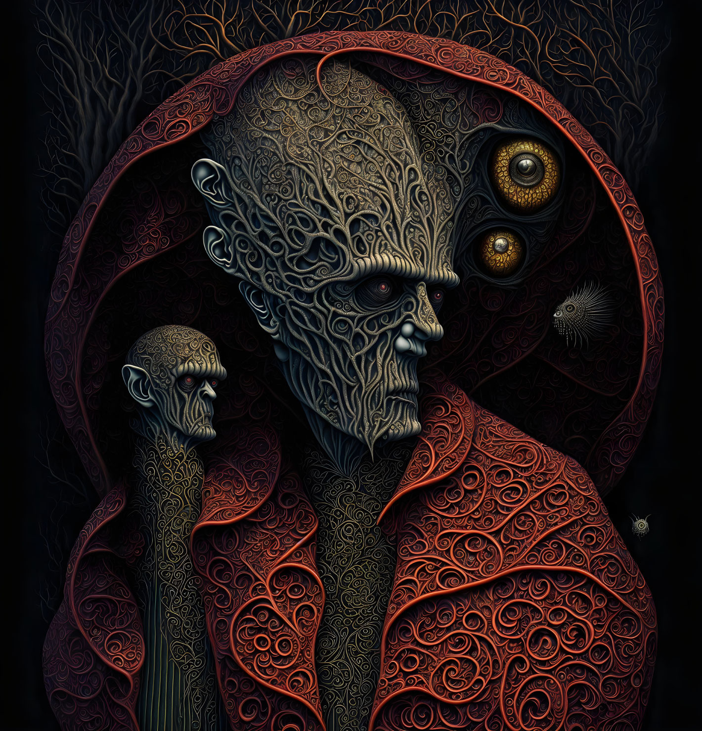 Fantastical humanoid figures in intricate digital artwork