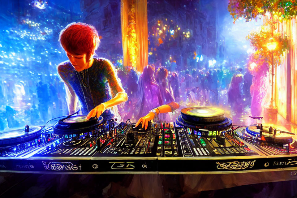 Red-haired DJ mixing tracks at vibrant party with colorful lights & blurred dancers