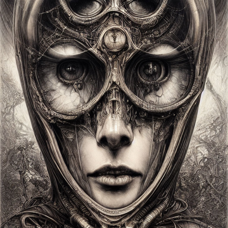 Monochromatic artwork of a person with futuristic helmet and intricate mechanical designs