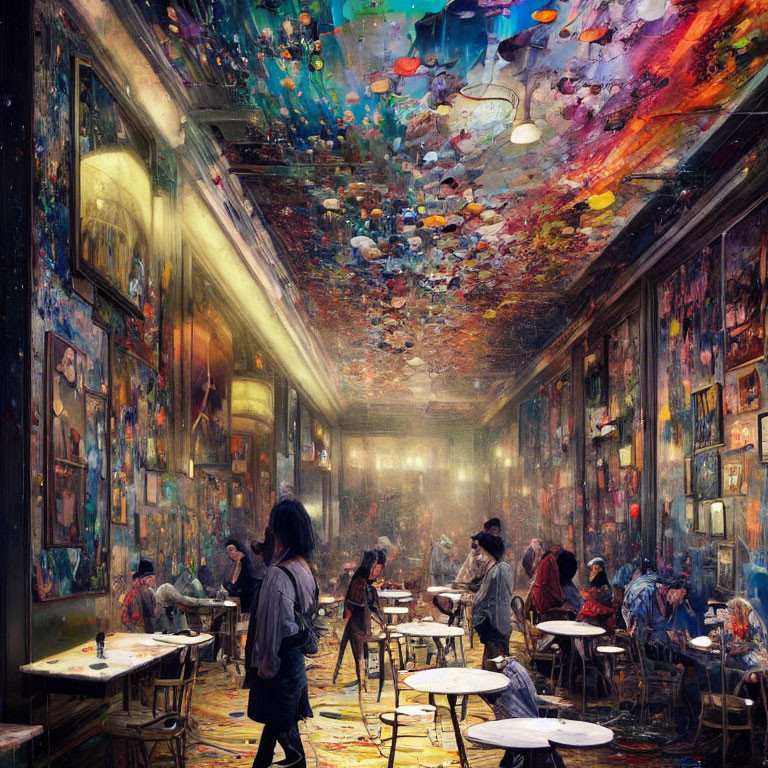 Art Cafe with Paintings and Starry Night Sky Ceiling