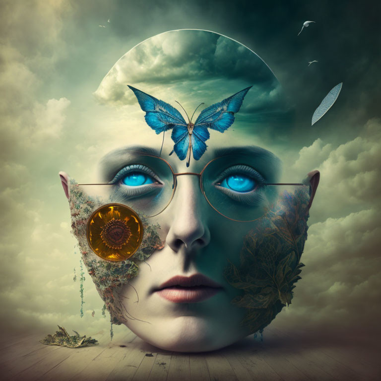 Surreal portrait: human face, nature elements, butterfly, celestial imagery, cloudy sky.