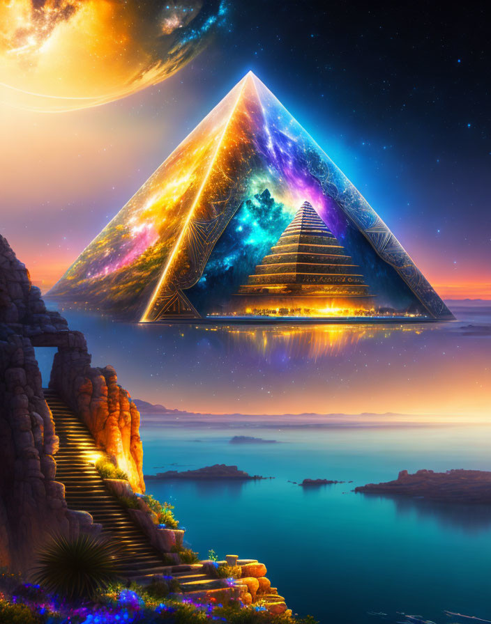 Luminous pyramid with cosmic galaxy in twilight seascape