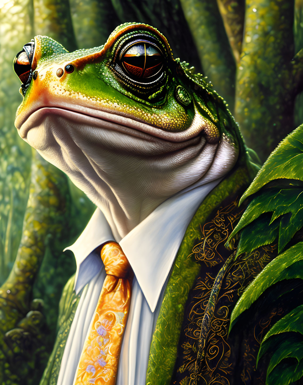 Detailed anthropomorphic frog illustration in suit and tie with butterfly, lush forest background